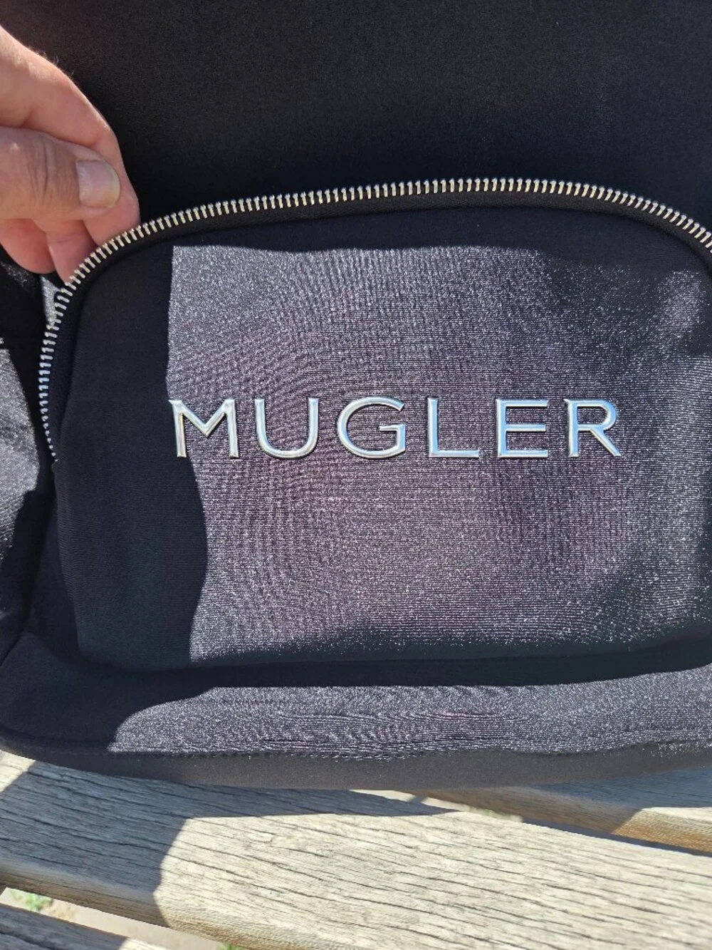 MUGLER Unisex Neoprene-Like Fabric Backpack Black w/Silvertone Accents NWOT